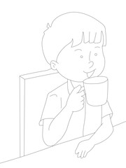 little boy enjoying hot tea at the table outline drawing