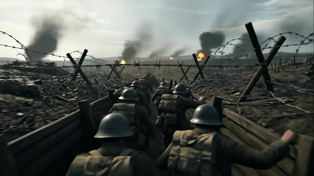 Men soldiers advancing through war trench, barbed wire, and explosions on battlefield during military combat footage