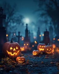 Pumpkins in graveyard on spooky night, halloween backdrop