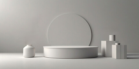 A clean and minimalist white two-tiered cylindrical podium, set against a soft grey background, perfect for product display or abstract presentations