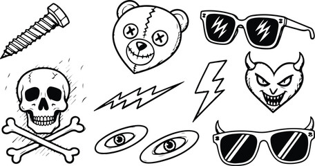 Handdrawn doodle set isolated on white background featuring a screw, skull, teddy bear, eye, lightning bolt, and sunglasses, creating a whimsical and edgy collection of sketched elements