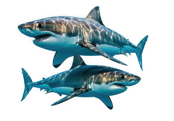 Obraz premium Two great white sharks swimming in deep blue ocean waters majestic predator aquatic life isolated on transparent background