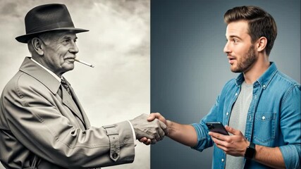 Elderly man in hat with cigarette shaking hands with young man holding smartphone, generational collaboration concept.