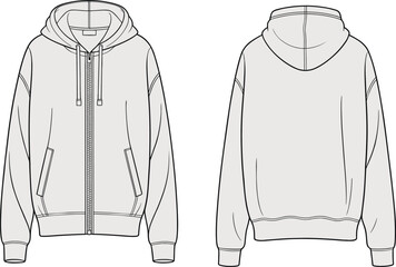 Hooded zip up sweatshirt flat sketch, front and back view, drawstring hood, ribbed cuffs waistband, casual unisex hoodie, cad drawing vector illustration