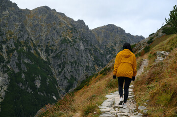 Hiker in Yellow Jacket on Mountain Trail