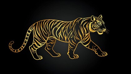 Elegant golden outline of a tiger, walking on a black backdrop