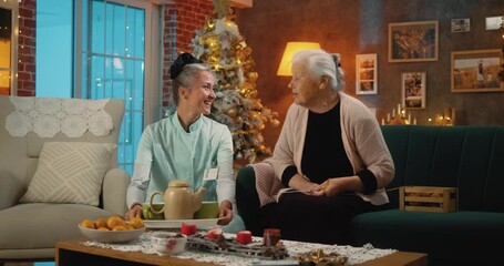 Caregiver bringing tea tray to elderly 80s woman knitting on sofa in cozy living room during Christmas holidays, sharing warmth, care, and festive comfort at home. - Powered by Adobe