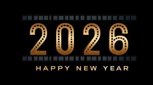 2026 New Year Countdown with Cinematic Gold 3D Numbers – Film Reel Inspired Happy New Year Greeting for Invitations - Powered by Adobe