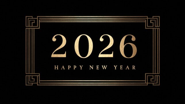 2026 Happy New Year Luxury Card – Elegant Gold Art Deco Black Background for Invitations, Greetings & Digital Use - Powered by Adobe