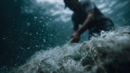 An underwater view of a person pulling a tangled fishing net filled with debris from the ocean