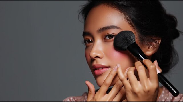 Makeup application tutorial showcasing blending techniques for a natural look in a studio setting