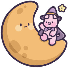 Witch pig on the moon with little star
