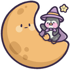 Witch penguin on the moon with little star