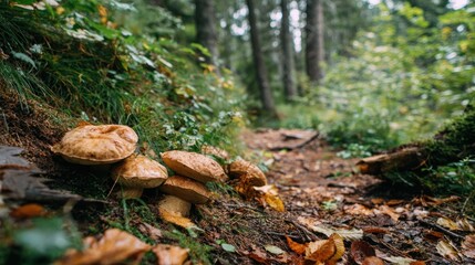 A cluster of earthy brown mushrooms emerges from mossy forest floor beside a woodland path