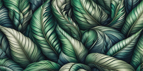Vivid, detailed image of a ripple background filled with lush green tropical leaves, emphasizing texture and depth.