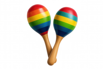 Colorful maracas in rainbow stripes with wooden handles, celebrating diversity, music, and party vibes on transparent background
