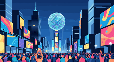 This vibrant flat design illustration captures the iconic New Year's Eve ball drop in Times Square, featuring simplified buildings and an excited crowd. 