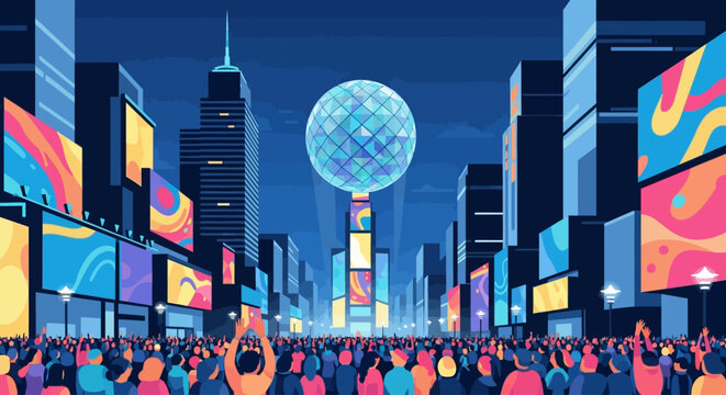 This vibrant flat design illustration captures the iconic New Year's Eve ball drop in Times Square, featuring simplified buildings and an excited crowd. 