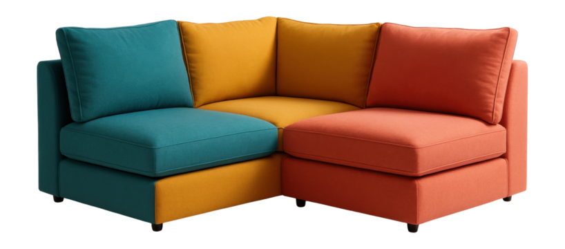 Colorful compact corner sofa, perfect for adding brightness to a studio apartment.