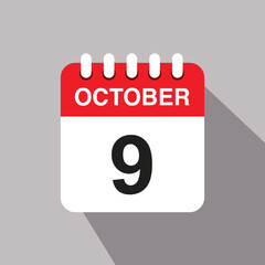 9 october calendar date icon. vector illustration with shadow design
