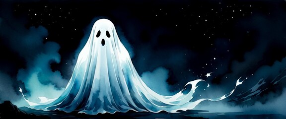 A watercolor ghost floating over water under a dark night sky. Halloween ghost illustration surrounded by mist and faint stars. Mystical ghost hovering above water in a starry night scene.