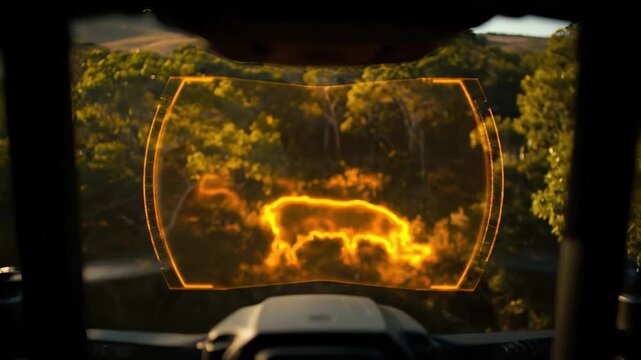 Head-up display (HUD) view through a vehicle windshield showing an orange glowing outline of an animal (deer or boar) detected in the dark forest or bushes, illustrating augmented reality