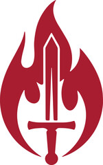 A red sword with a flame behind it isolated on white background, a symbol of power