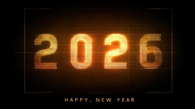 "2026 New Year Celebration | Futuristic Glowing Numbers, Happy New Year 2026 Design with Digital Effect" - Powered by Adobe