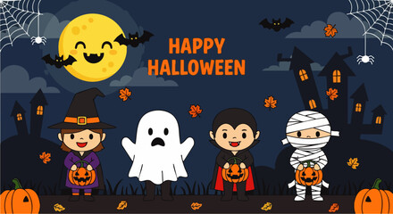 Illustration of children's cartoon characters wearing Halloween costumes asking for candy at night with pumpkins, spiders, bats and decorations, suitable for party invitations and seasonal designs.