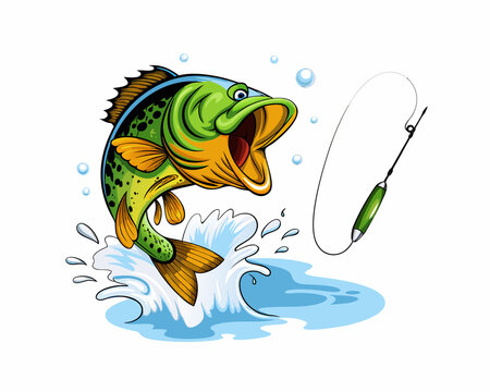 Cute cartoon vector illustration of a funny fish animal in water with a fishing rod or net