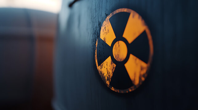 This close-up shot features a worn and distressed yellow and black trefoil symbol, often associated with radioactivity or ionizing radiation, affixed to a dark surface.