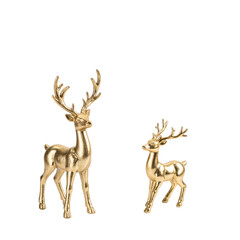 Obraz premium Gold standing reindeer statues photo on plain white background, elegant holiday decor style, studio light, stock photography for Christmas interior catalog and festive ornament store