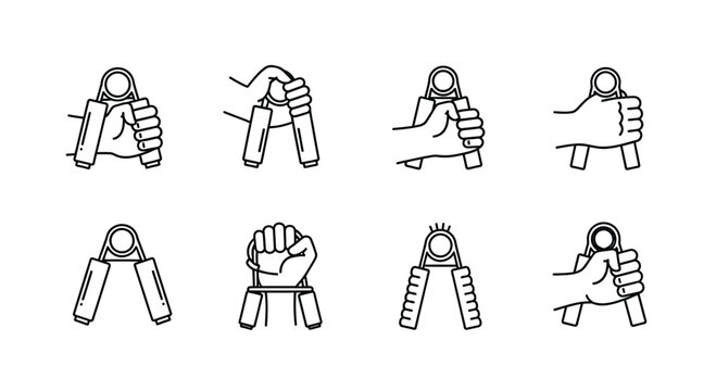 Hand gripper exercises demonstrating strength training and hand muscle development vector