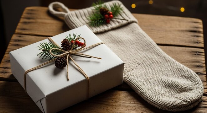 A wrapped gift box with pine sprig  pinecones sits beside a knitted stocking on a wooden surface