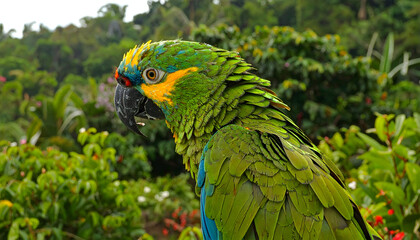 Close Up Portrait of a Colorful Green Parrot with Blue and Yellow Accents in Tropical Foliage