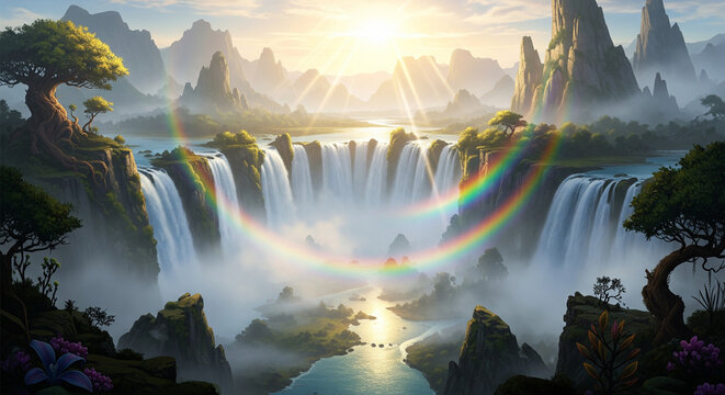 fantasy scene with waterfalls - Powered by Adobe