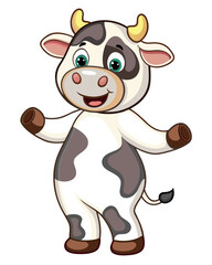 A funny, happy cow cartoon character is a cute farm animal illustration that might wear a Christmas puppy smile