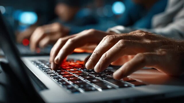 Coding Endeavor: A close-up shot of hands, focused on the dynamic interaction with a laptop keyboard, depicting a scene of intense focus and skill in the realm of coding or data entry.