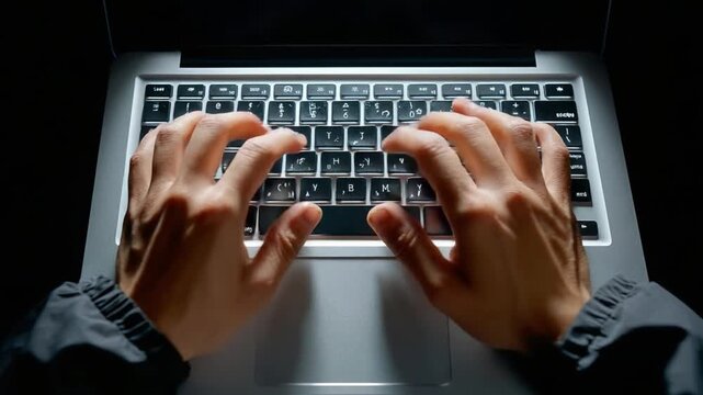 Hands on Keyboard: A close-up shot capturing a person's hands as they expertly navigate a keyboard. The scene exudes an atmosphere of productivity, work, and the digital realm. 