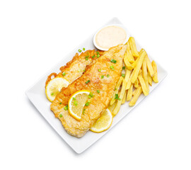 British Traditional Fish and chips with sauce, lemon and green onion isolated on white, top view