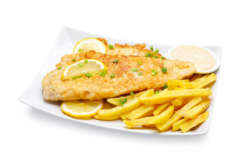 British Traditional Fish and chips with sauce, lemon and green onion isolated on white