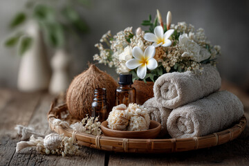 Obraz premium Wellness Spa Stillleben mit ätherischen Ölen, Blumen und Handtüchern