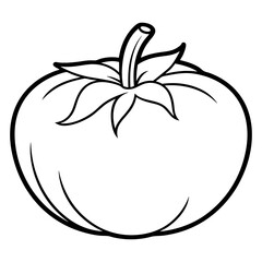 A simple black and white line drawing of a ripe tomato with a stem and leaves fruit vegetable