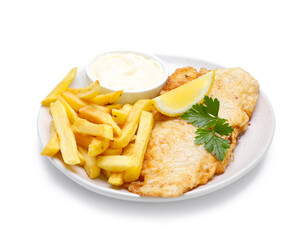 British Traditional Fish and chips with sauce, lemon and parsley isolated on white