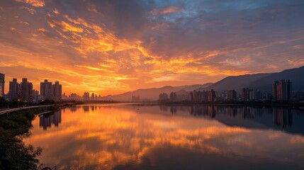 Fototapeta premium Fiery Sunset Over Cityscape Reflected in Calm River, Dramatic Sky.