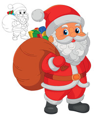 Happy Santa Claus cartoon character with a big red bag of gifts and a beard for Christmas holiday season illustration