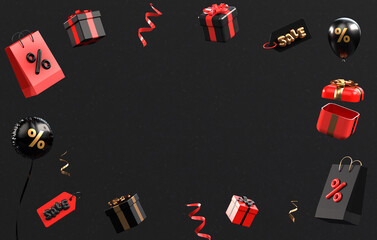 Black Friday banner background with text space and black and red floating stuff in 3D rendering. Super sale post and online shopping concept