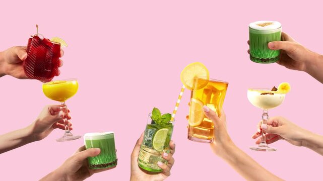 Product animation of various hands holding colorful summer cocktails against pastel pink background. Concept of menu design, bar identity, celebration campaigns, lifestyle visuals