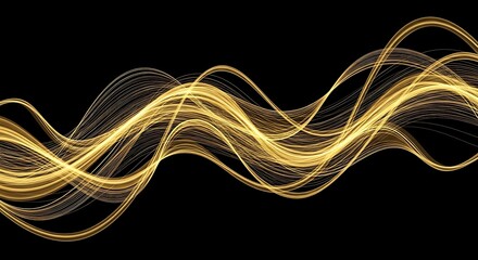 Abstract flowing golden light waves lines digital art modern vibrant illustration black background