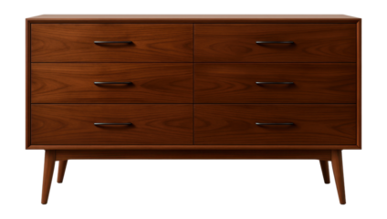 A sleek mid-century modern dresser with tapered legs and walnut veneer, perfect for retro